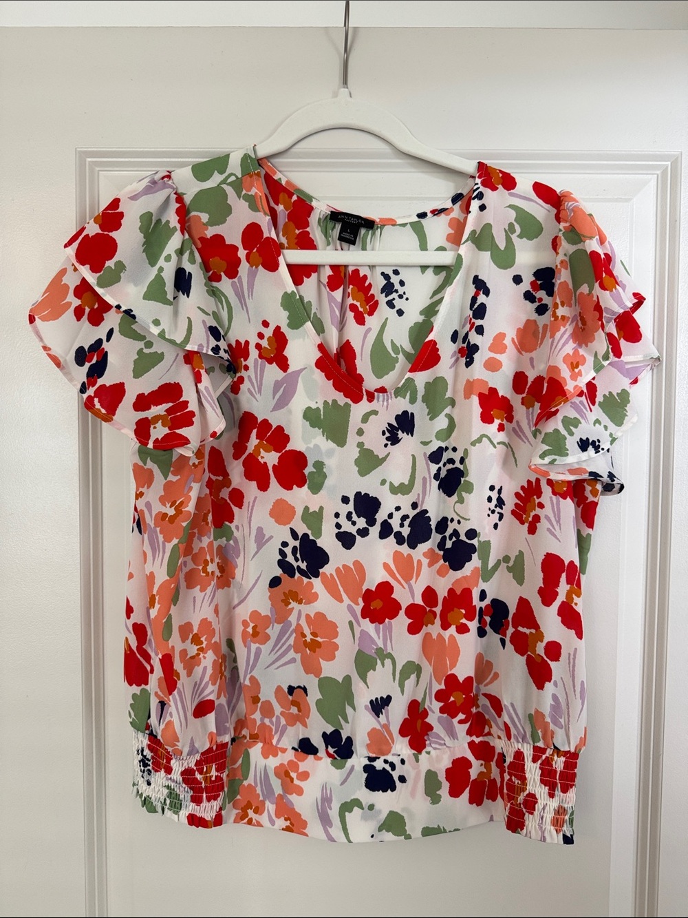 Ann Taylor Floral Flutter Sleeve V-Neck Top in White and Multi